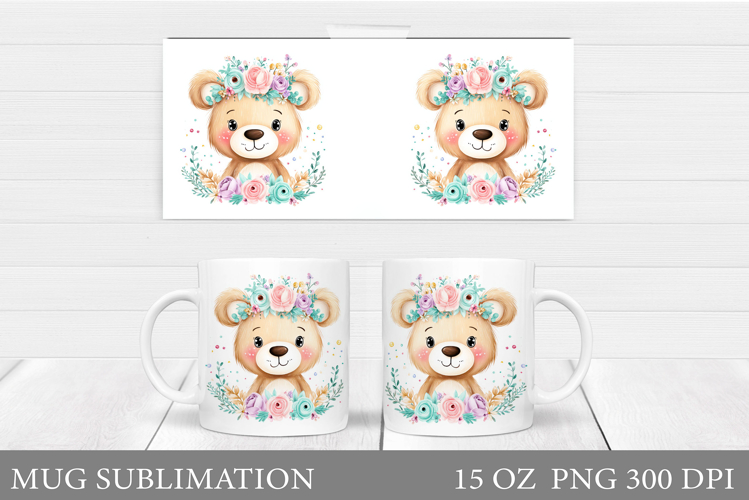Cute Bear Mug Design. Bear Flowers Mug Sublimation