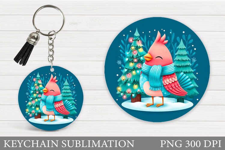 Cardinal Keychain Sublimation. Winter Bird Round Keychain example image 1