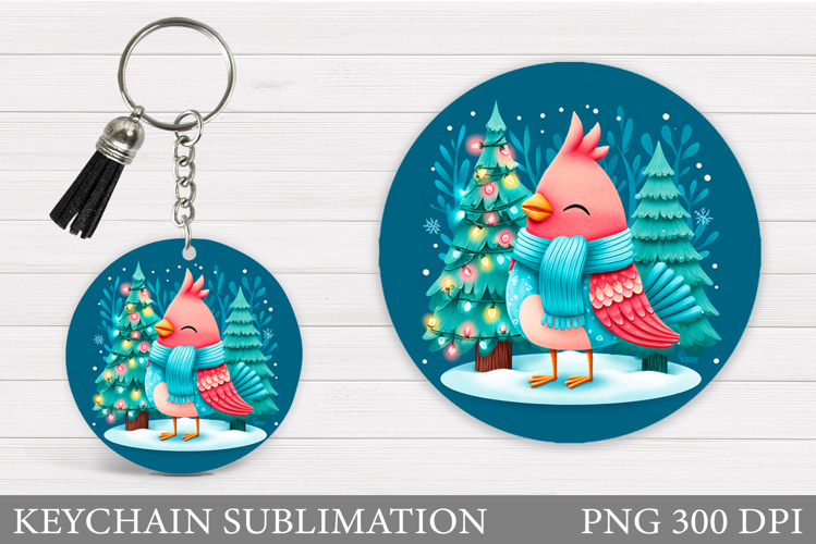 Cardinal Keychain Sublimation. Winter Bird Round Keychain