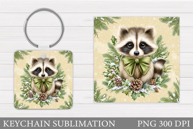 Christmas Raccoon Keychain. Christmas Keychain Sublimation