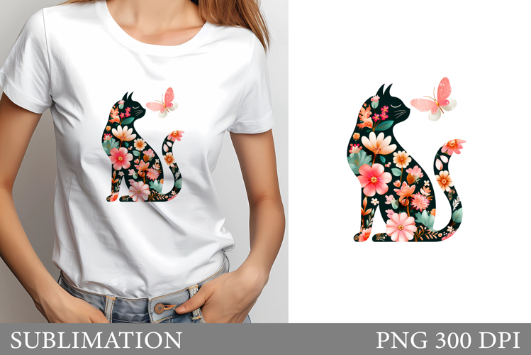 Floral Cat Sublimation. Floral Cat T-Shirt Design