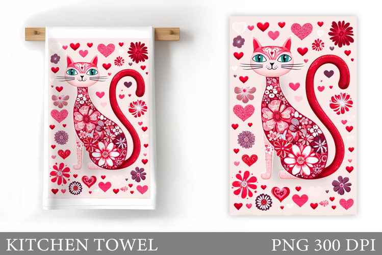 Floral Cat Kitchen Towel Design. Floral Cat Sublimation
