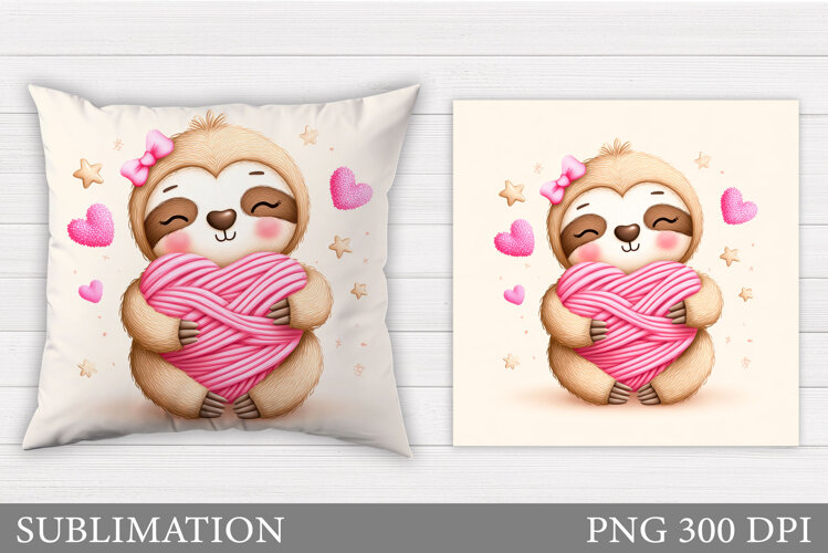 Valentines Sloth Pillow Design. Valentine Pillow Sublimation example image 1