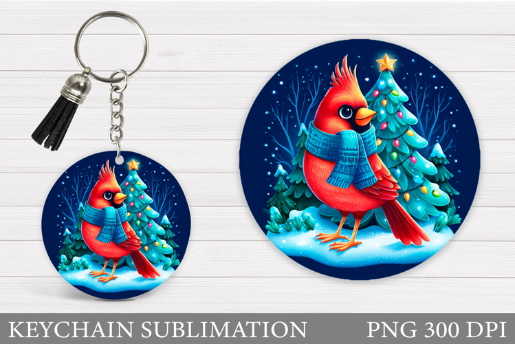 Cardinal Keychain Sublimation. Winter Bird Round Keychain