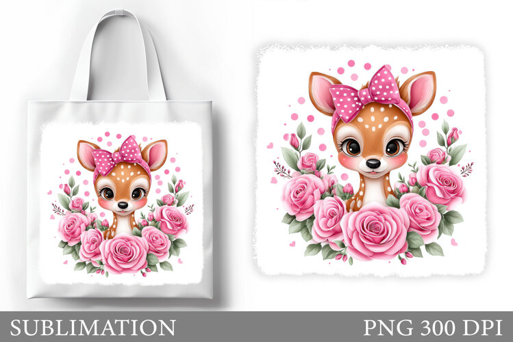 Cute Deer Tote Bag Sublimation. Deer Flowers Tote Bag Design example image 1