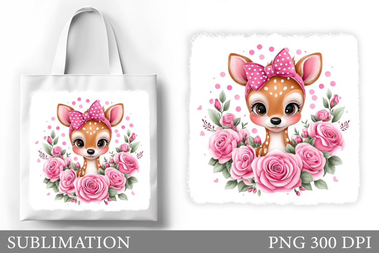 Cute Deer Tote Bag Sublimation. Deer Flowers Tote Bag Design