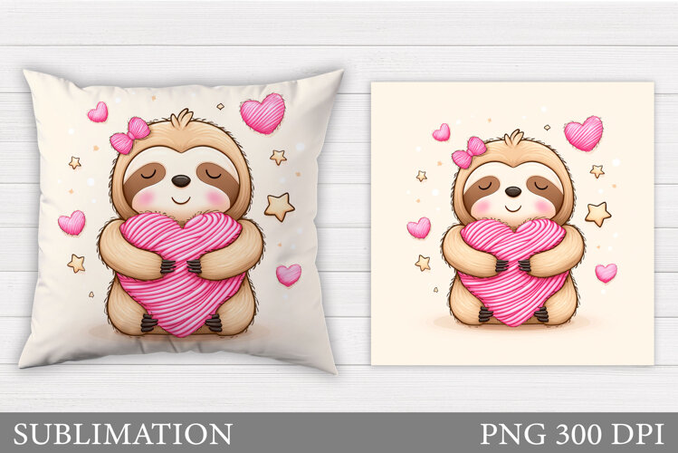Valentines Sloth Pillow Design. Valentine Pillow Sublimation example image 1