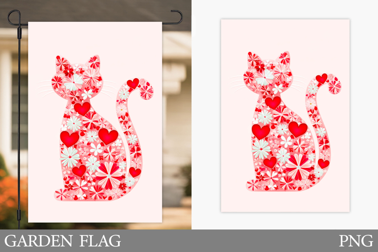 Floral Cat Garden Flag Design. Valentines Garden Flag