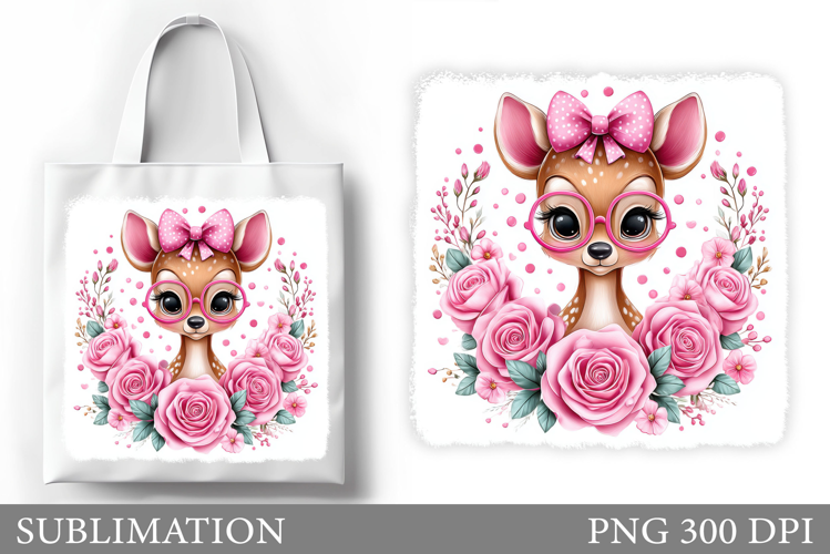 Cute Deer Tote Bag Sublimation. Deer Flowers Tote Bag Design