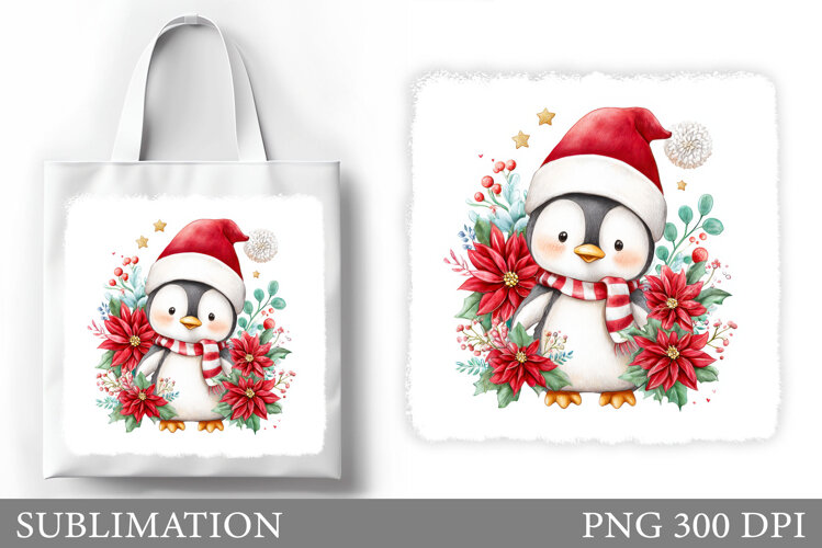 Cute Penguin Tote Bag Design. Christmas Tote Bag Sublimation example image 1