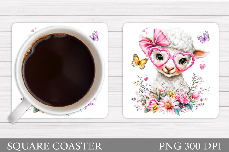Cute Lamb Coaster Sublimation. Lamb Flowers Coaster Design