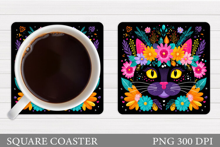 Cute Cat Coaster Design. Cat Flowers Coaster example image 1