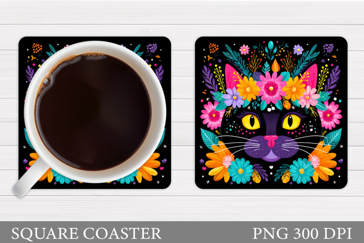 Cute Cat Coaster Design. Cat Flowers Coaster