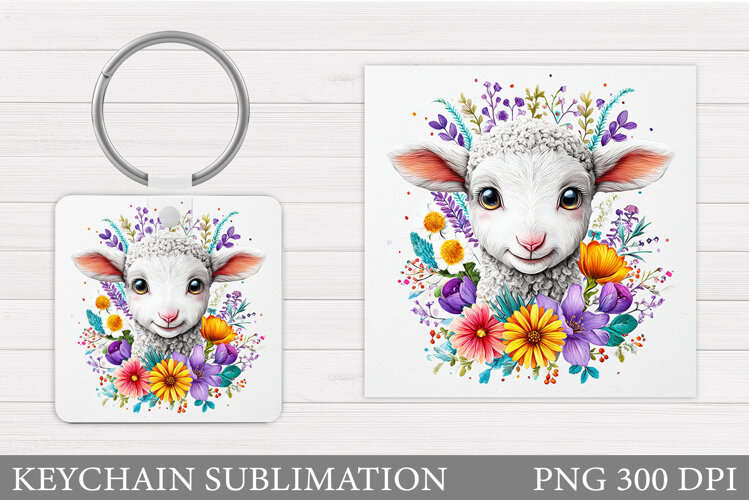 Cute Lamb Keychain Design. Lamb Flowers Keychain Sublimation example image 1