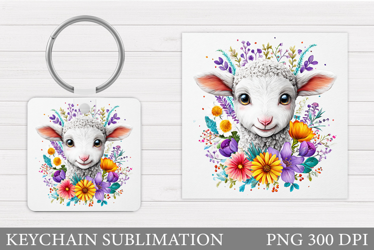 Cute Lamb Keychain Design. Lamb Flowers Keychain Sublimation