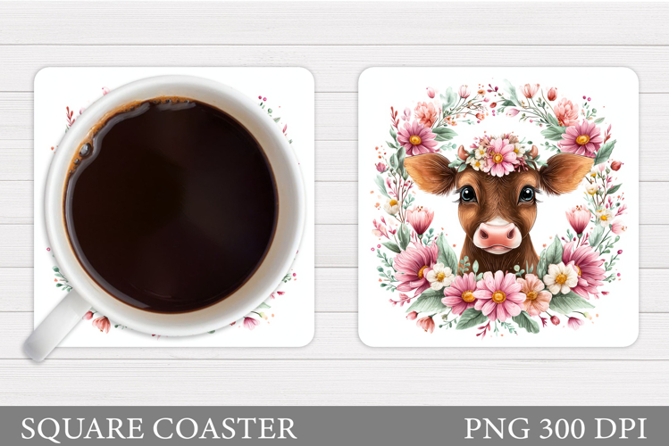 Cow Coaster Sublimation. Cow Flowers Coaster Design
