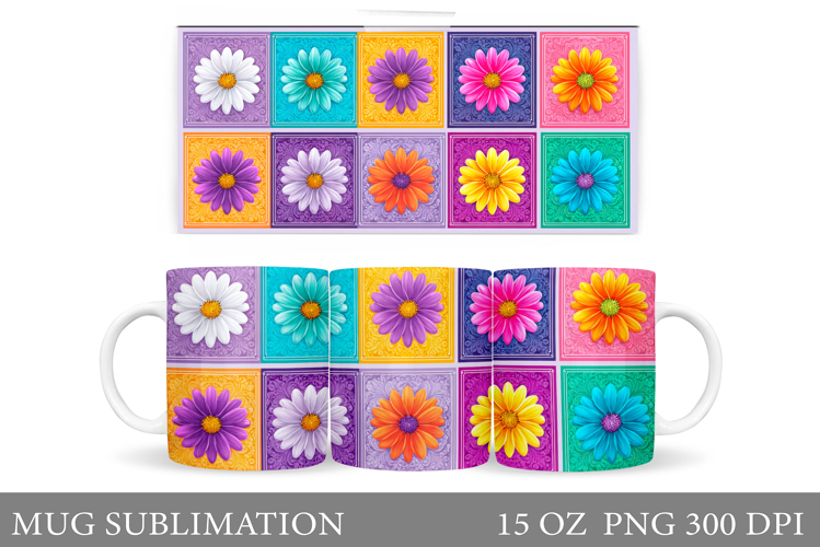 Daisy Flowers Mug Sublimation. Floral Mug Wrap Design