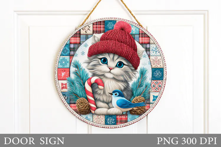Christmas Cat Door Sign. Christmas Door Sign Sublimation