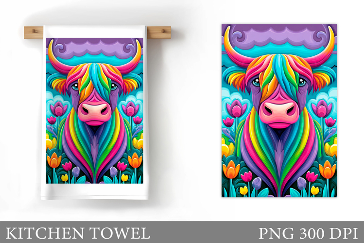 Highland Cow Kitchen Towel. Cow Flowers Kitchen Towel Design