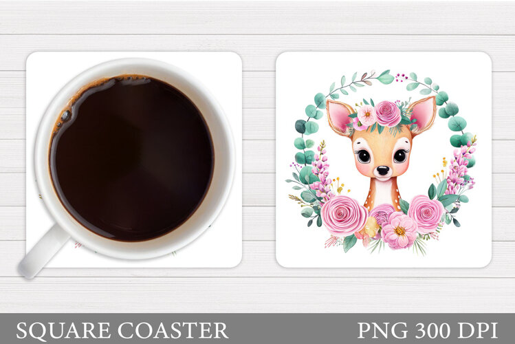 Cute Deer Coaster Sublimation. Deer Flowers Coaster Design example image 1