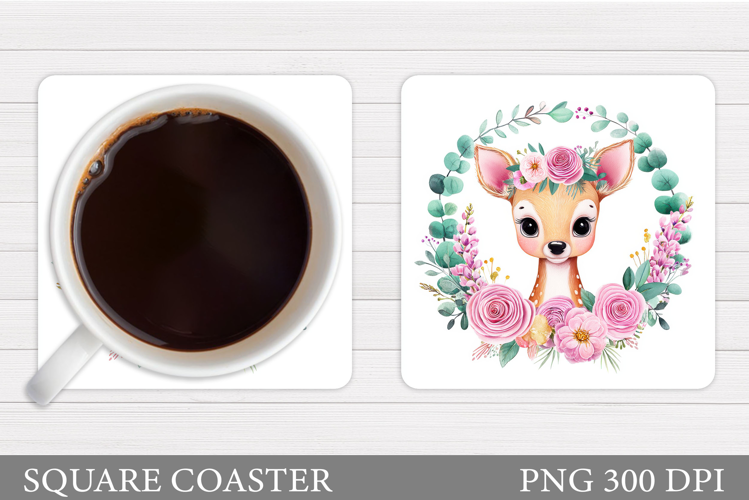 Cute Deer Coaster Sublimation. Deer Flowers Coaster Design