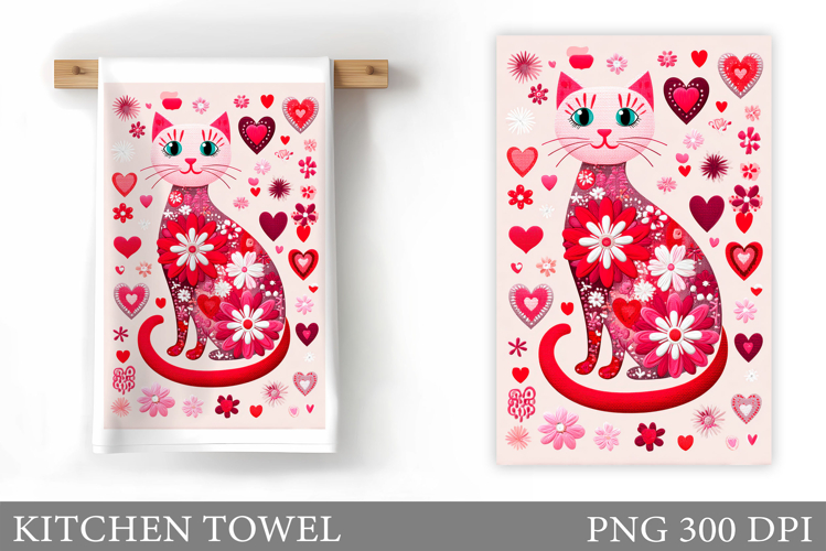 Floral Cat Kitchen Towel Design. Floral Cat Sublimation