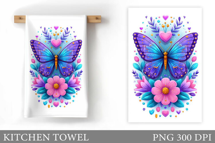 Butterfly Kitchen Towel. Flowers Kitchen Towel Sublimation example image 1