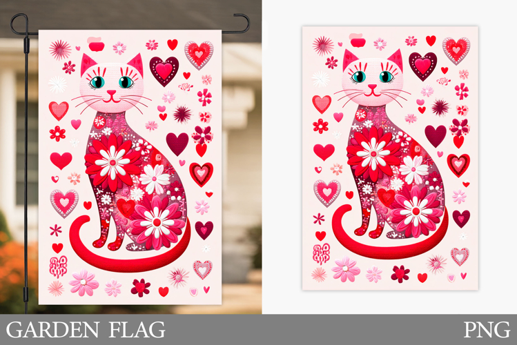 Floral Cat Garden Flag Design. Valentines Garden Flag