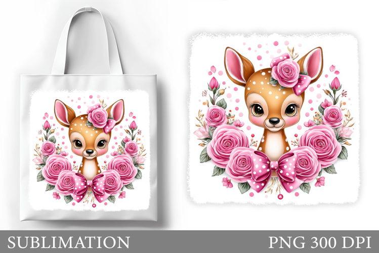 Cute Deer Tote Bag Sublimation. Deer Flowers Tote Bag Design