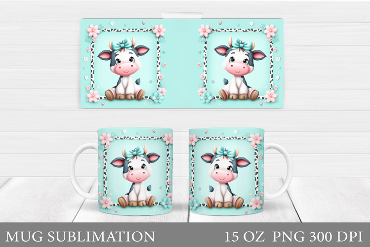 Cute Cow Mug Sublimation. Cow Flowers Mug Wrap Design