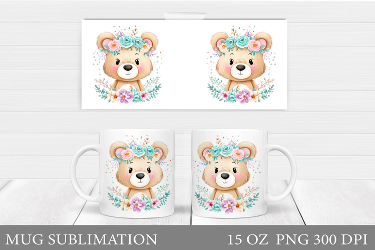 Cute Bear Mug Design. Bear Flowers Mug Sublimation
