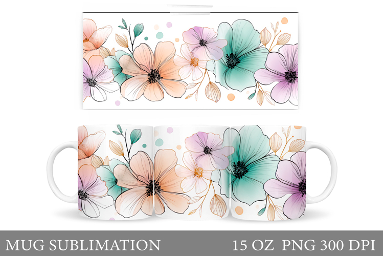 Floral Mug Wrap Design. Flowers Mug Sublimation