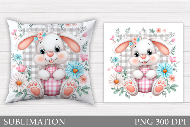 Cute Bunny Pillow Design. Cute Bunny Flowers Sublimation
