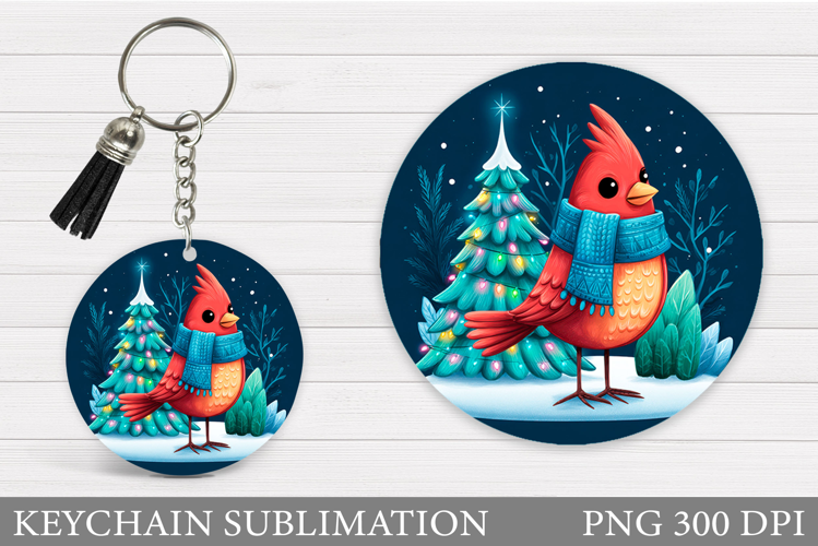 Cardinal Keychain Sublimation. Winter Bird Round Keychain