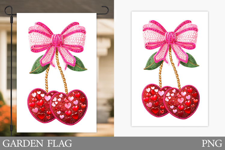 Hearts Cherries Garden Flag. Valentines Garden Flag Design