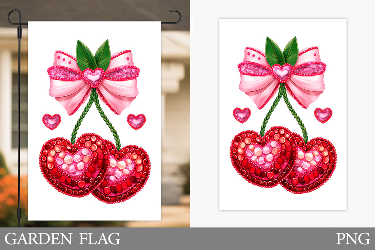 Hearts Cherries Garden Flag. Valentines Garden Flag Design