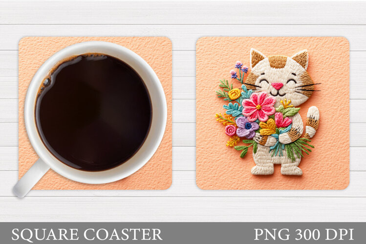 Cute Cat Coaster Design. Cat Flowers Coaster example image 1