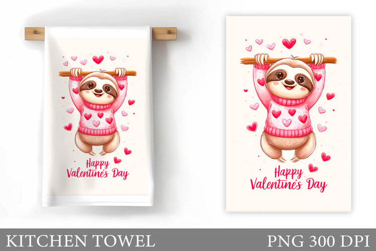Valentines Sloth Kitchen Towel. Valentines Sloth Sublimation example image 1