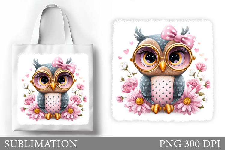 Cute Owl Tote Bag Design. Cute Owl Flowers Sublimation