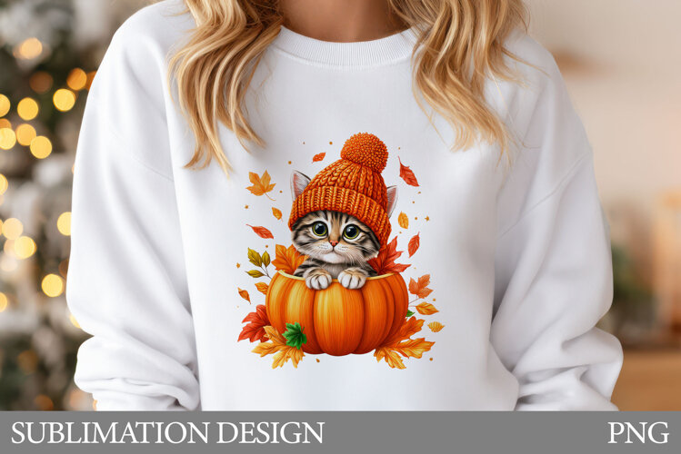 Fall Cat Sublimation. Fall Cat T-Shirt Design example image 1