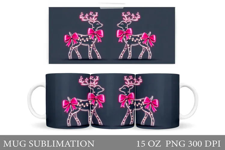 Reindeer Mug Wrap Design. Christmas Mug Sublimation