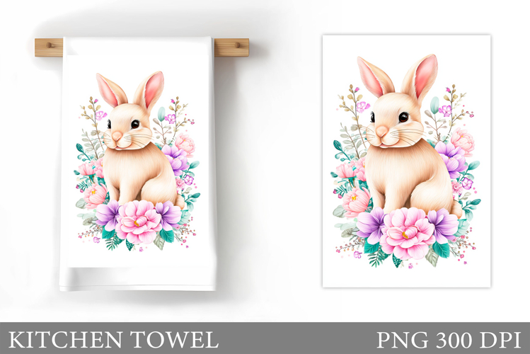 Cute Bunny Kitchen Towel. Bunny Flowers Kitchen Towel Design