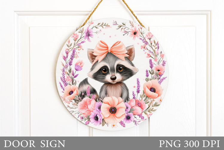 Cute Raccoon Door Sign. Raccoon Flowers Door Sign Design