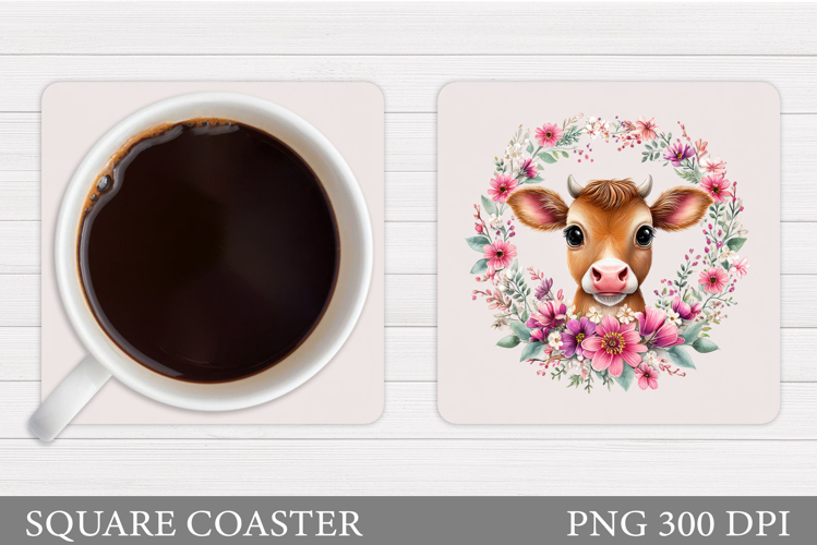 Cow Coaster Sublimation. Cow Flowers Coaster Design