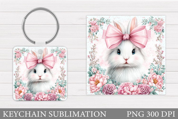 Cute Bunny Keychain. Bunny Flowers Keychain Sublimation