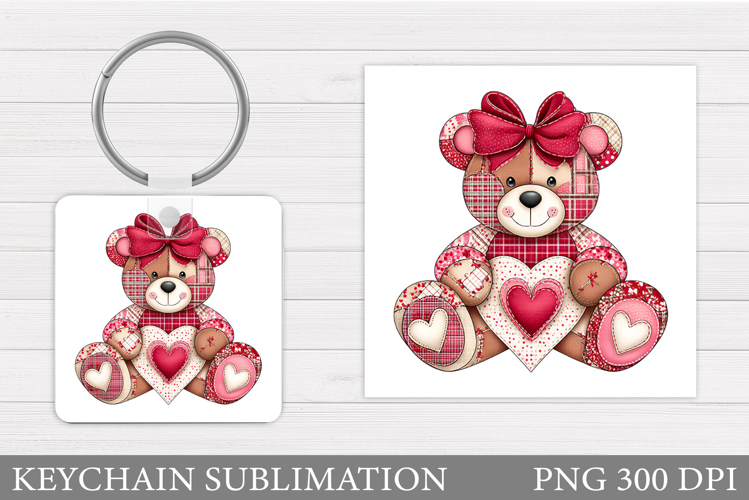 Patchwork Bear Keychain. Valentines Keychain Sublimation