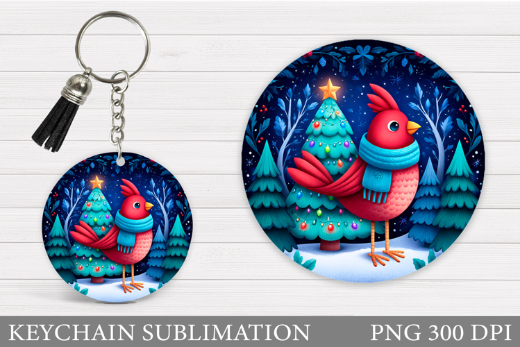 Cardinal Keychain Sublimation. Winter Bird Round Keychain