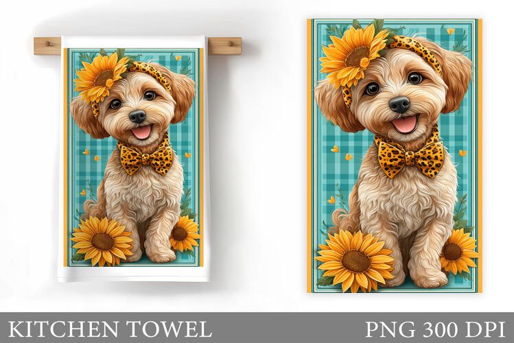 Cute Dog Kitchen Towel. Dog Flowers Kitchen Towel example image 1