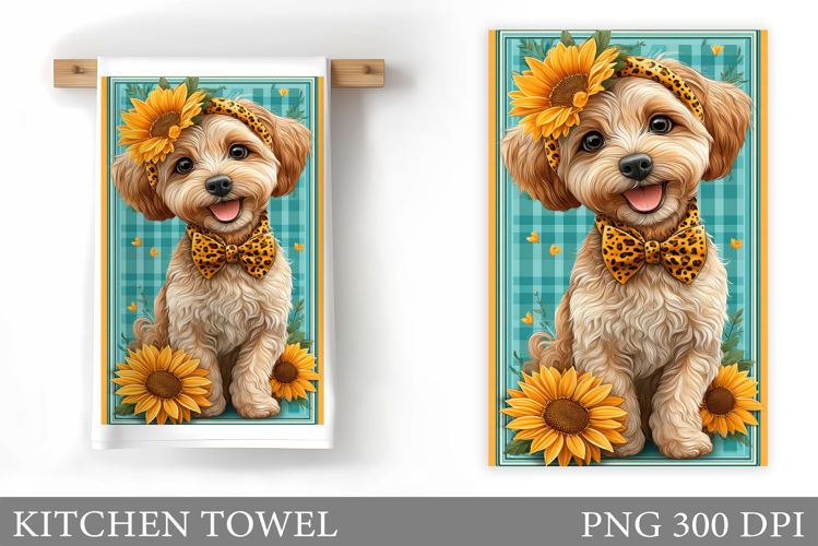 Cute Dog Kitchen Towel. Dog Flowers Kitchen Towel