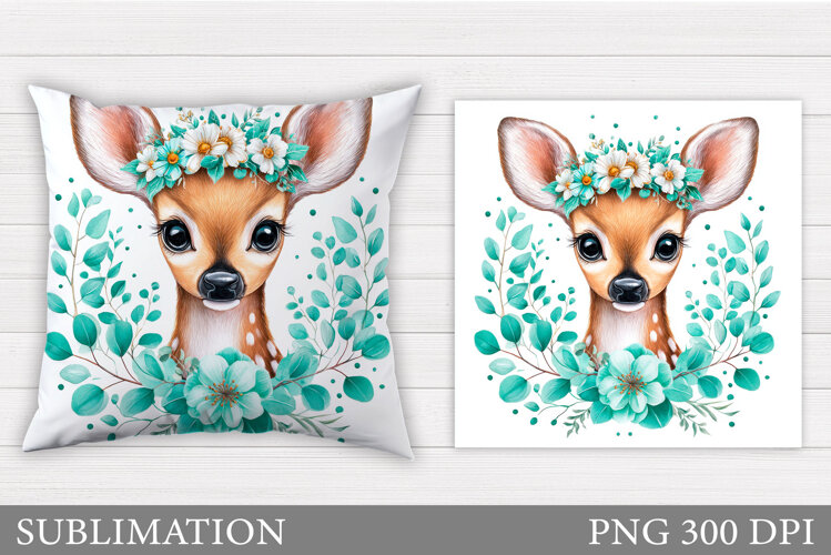Cute Deer Pillow Sublimation. Deer Flowers Sublimation example image 1